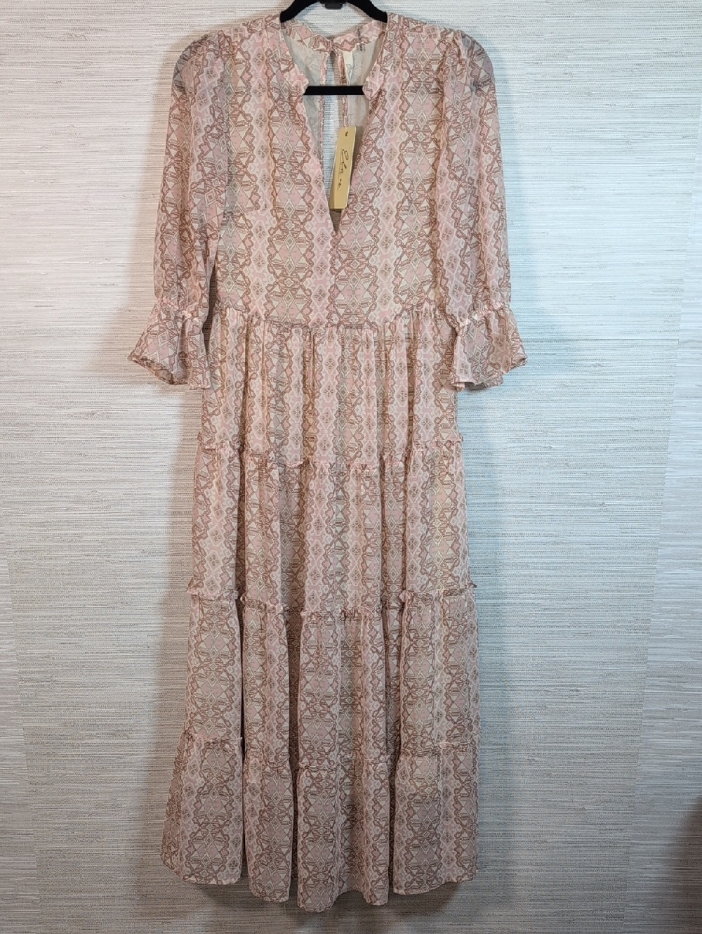Elan Blush Pink Chania Aztec Printed Tiered Maxi Dress Small NWT